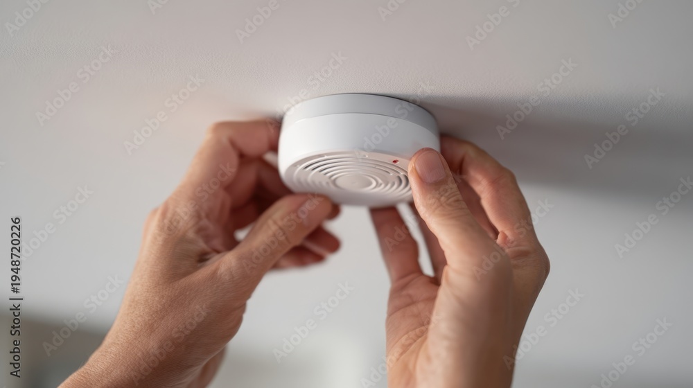 custom made wallpaper toronto digitalThe smoke detector being installed on a ceiling by careful hands at home