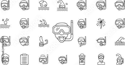 Collection of Snorkeling and Diving Icons: Masks, Flippers, Waves, and More for Summer Activities