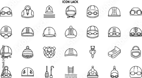 Line art icons of various swimming caps and related pool accessories, outlining different styles of swim hats and goggles for aquatic sports.