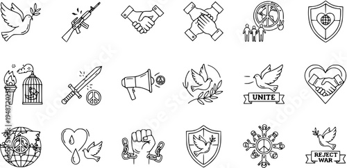 Diverse Icons Representing Peace, Unity, and Anti-War Messages