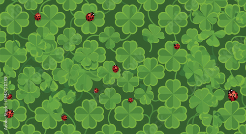 Dense green background pattern of four-leaf clovers with several small red ladybugs crawling over the leaves.