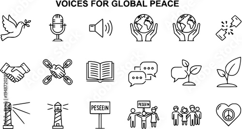 Voices for Global Peace: Line art icons representing communication, unity, hope, activism, and global solidarity for a peaceful world.