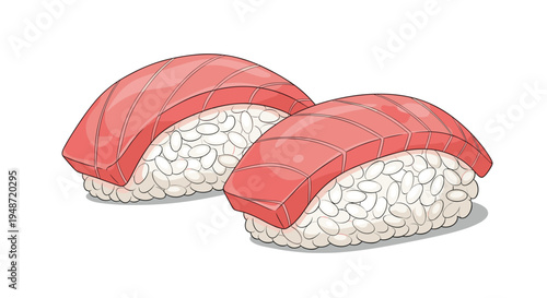 Pair of fresh tuna nigiri sushi with slices of raw red fish over white seasoned rice on a clean white background.