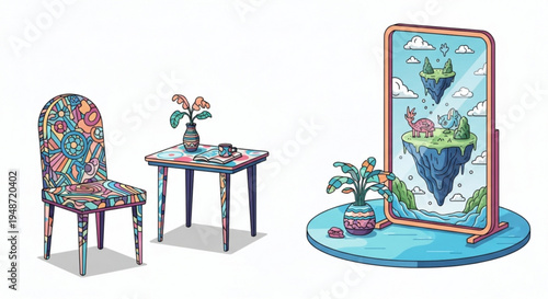Whimsical surrealist scene with chair table and mirror reflecting fantasy landscape