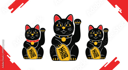 Three black maneki neko lucky cat figurines from Japan are shown in a row with gold coins for wealth and fortune symbolism.