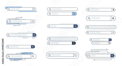 Various search bar user interface elements with different styles and icons are presented for web design and application development projects.