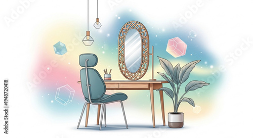 Cozy home office workspace with chair desk mirror and plant soft lighting pastel colors relaxing atmosphere interior design inspiration