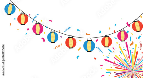 Colorful paper lanterns and festive confetti on a white background illustrate a celebration or cultural festival atmosphere with vibrant colors.