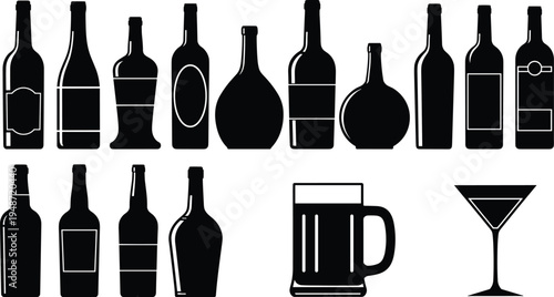 Silhouette collection of diverse alcoholic beverage containers including wine bottles, liquor bottles, beer bottles, beer mug, and martini glass for bar, pub, and restaurant design concepts