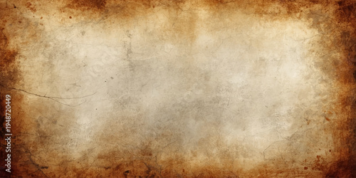 Ancient worn parchment with a stained grunge texture and aged sepia tones creates a vintage blank paper background with a damaged antique design