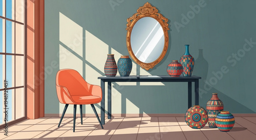 Interior scene with orange chair table mirror and colorful vases on tiled floor with sunlight
