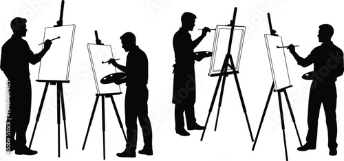 Silhouette illustration of artists painting on canvases with brushes and palettes, representing art class, creativity, and group artistic expression for design and educational projects