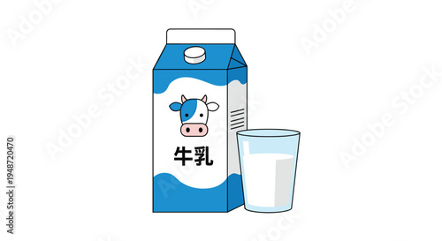 Carton of fresh milk next to a full glass illustrates dairy products and healthy beverage options with a simple and clear graphic design.