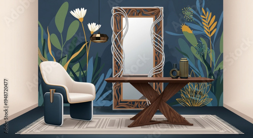 Modern interior design with chair table mirror and floral wallpaper in a cozy room setting