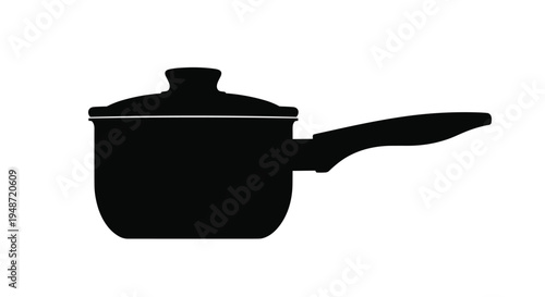 Black silhouette of a cooking pot with a long handle and lid represents kitchenware and culinary preparation in a clean minimalist style.