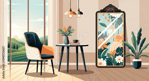 Cozy living room interior with chair table mirror and plants sunny home decor