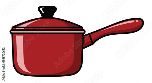 Red cooking pot with a handle and lid is shown in a clean vector style suitable for culinary themes and kitchen equipment illustrations.