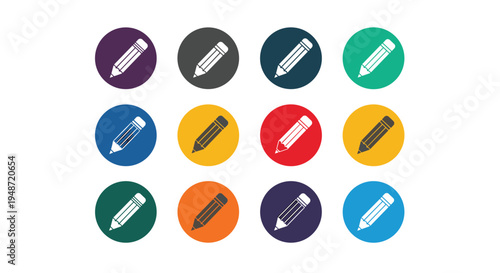 Twelve pencil icons within colorful circles provide a set of drawing and writing symbols for educational and creative design applications.