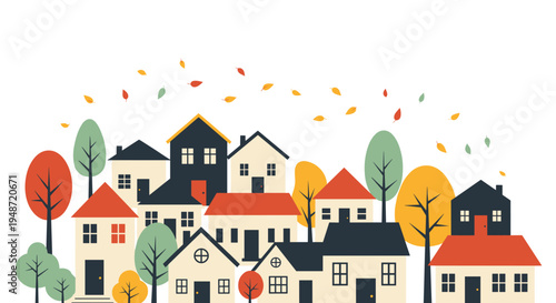 Crowded neighborhood of houses with autumn trees and blowing leaves captures the essence of a cozy fall season in a residential area.