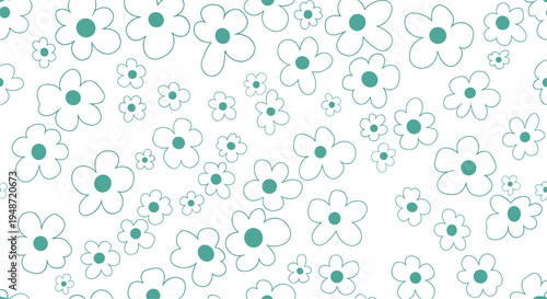 Seamless floral pattern with white flowers and green centers creates a fresh and simple background design for textiles and wallpapers.