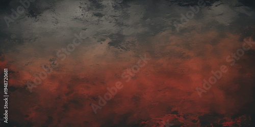 A beautiful sunset cloudscape features an abstract texture of fire and smoke rising through a dark orange and red sky over a forest at dusk