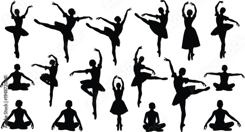 Silhouette illustration of ballet dancers and yoga poses symbolizing elegance, discipline, meditation, and body movement for fitness, lifestyle, and creative design projects