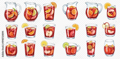 Set of refreshing sangria drinks in various glasses and pitchers with fruit slices.