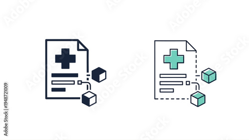 Medical Document and Blockchain Icon Set Vector - Two Styles of Healthcare Record Connected to Decentralized Data Blocks