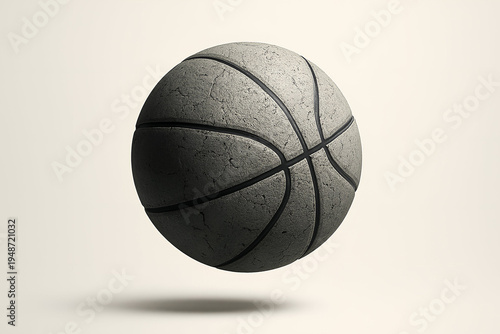 A cracked, concrete basketball hovers against a soft beige background, casting a shadow below. The image conveys a sense of surrealism and contrast.