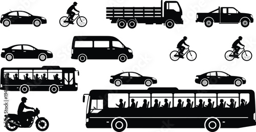 Silhouette illustration of cars, bicycles, motorcycle, pickup truck, van, flatbed truck, and buses symbolizing transportation, travel, and urban mobility for design projects