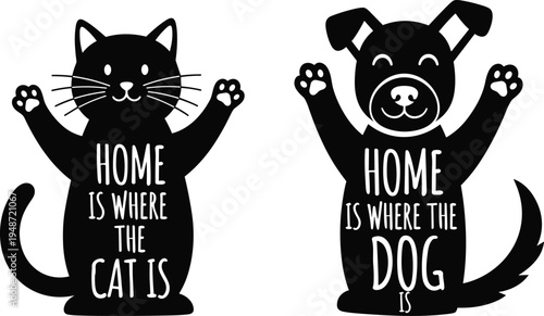 Silhouette illustration of cat and dog with raised paws and text inside bodies symbolizing home, love, and pet companionship for animal lovers and design projects