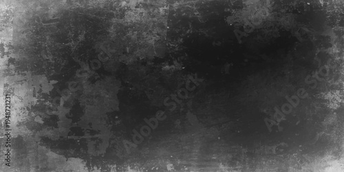 A dark vintage grunge wall background features a rough grey stone texture and an aged black concrete surface pattern for a dirty textured backdrop design