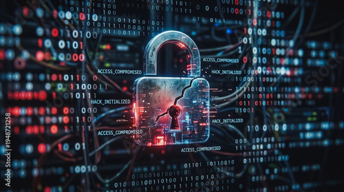 Cybersecurity Data Breach Concept Featuring a Broken Digital Padlock over Binary Code and Network Server Wires