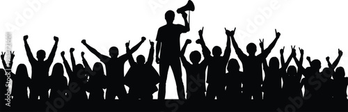 Silhouette illustration of crowd with raised arms and leader holding megaphone symbolizing activism, protest, leadership, and collective action for social, political, and design projects