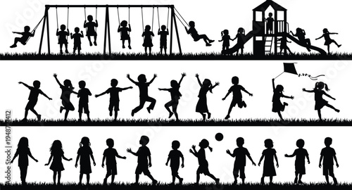 Silhouette illustration of children playing on swings, slides, climbing structures, running, and flying kites symbolizing joy, activity, and social interaction for design projects