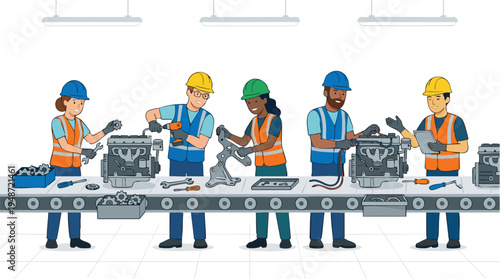 Illustration of diverse workers in hard hats and safety vests working on machinery on a factory assembly line with a clean white background.