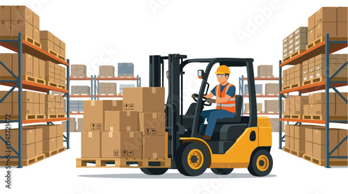 A warehouse worker operates a yellow forklift with cardboard boxes on a pallet in a warehouse with shelving units.