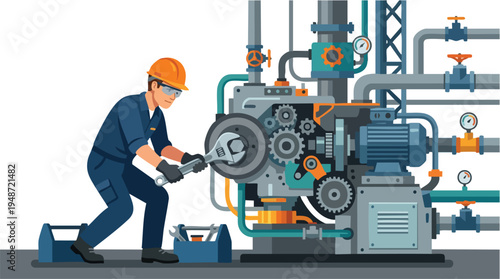 Illustration of a worker in a hard hat repairing industrial machinery with various tools and pipes in a factory setting with a blue and orange color scheme.