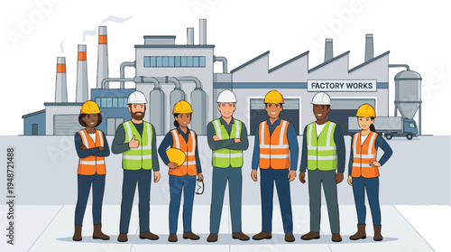 Diverse group of industrial workers standing in front of a factory with safety gear on a concrete platform.