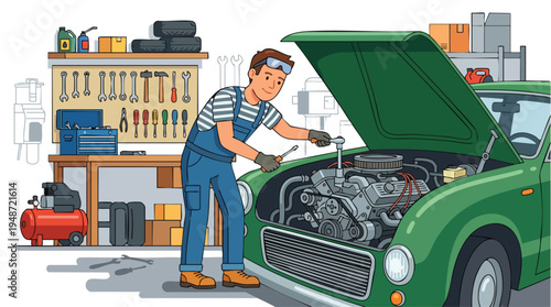 Mechanic inspecting the engine of a green vintage car in a cluttered garage with various tools and equipment.