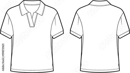 Women polo shirt technical fashion flat sketch with short sleeves and classic collar, front and back view apparel template