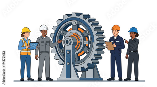 Four diverse industrial workers standing around a large gear machine in a flat, colorful illustration with a clean white background.