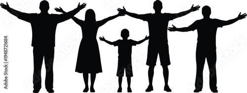 Silhouette illustration of diverse human figures with outstretched arms symbolizing unity, inclusiveness, openness, and family diversity for social, educational, and community design projects