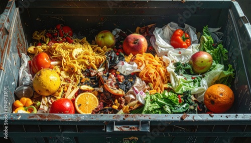 Overflowing dumpster filled with spoiled fruits and vegetables.