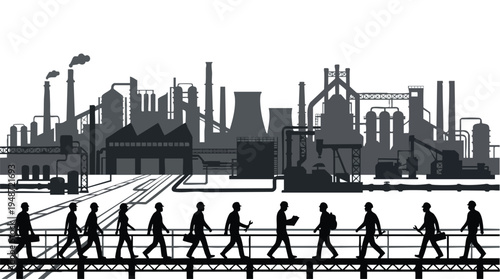 Silhouette of people walking across a bridge with industrial factory buildings in the background against a white backdrop.