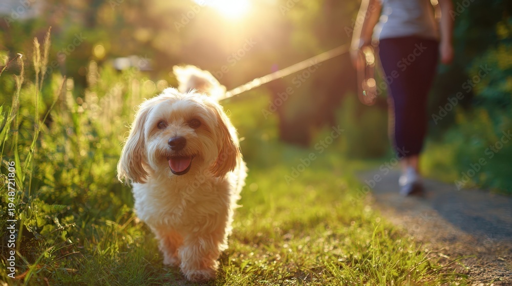 custom made wallpaper toronto digitalThe dog enjoying a golden hour walk on a sunlit country path with owner