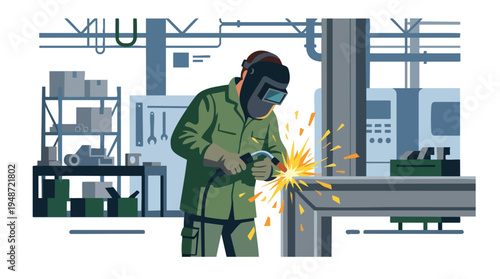 Illustration of a worker in a green welding suit welding a piece of metal in an industrial setting with sparks flying.