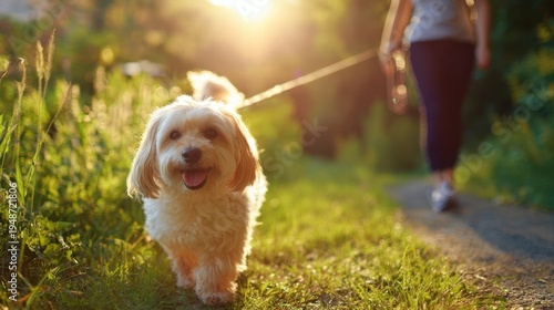 Wallpaper Mural The dog enjoying a golden hour walk on a sunlit country path with owner Torontodigital.ca