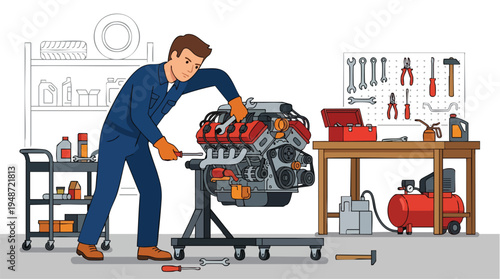 Mechanic in blue overalls working on an engine in a well-equipped garage with various tools and equipment around him.