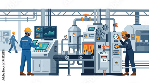 Industrial workers operating machinery in a factory setting with a focus on industrial processes and technology.